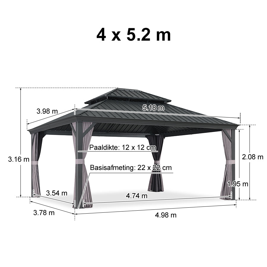PURPLE LEAF Tuinpaviljoen Voor Achtertuin Grijs Hardtop Gegalvaniseerd Stalen Dak Luifel met Upgrade Gordijn