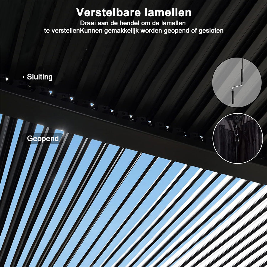 PURPLE LEAF Paviljoen 3 x 4 m Waterdichte Stalpergola met Roosterdak Aluminium Terrasoverkapping Hardtop Paviljoen met Klamboes en Gordijnen, Grijs