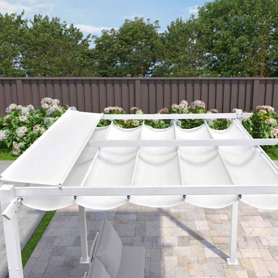 PURPLE LEAF Outdoor Intrekbare Pergola met Dubbele Zonwering Luifel Wit Heavy-Duty Aluminium Pergola Patio Moderne Pergola voor Tuin Dek en Achtertuin, Wit