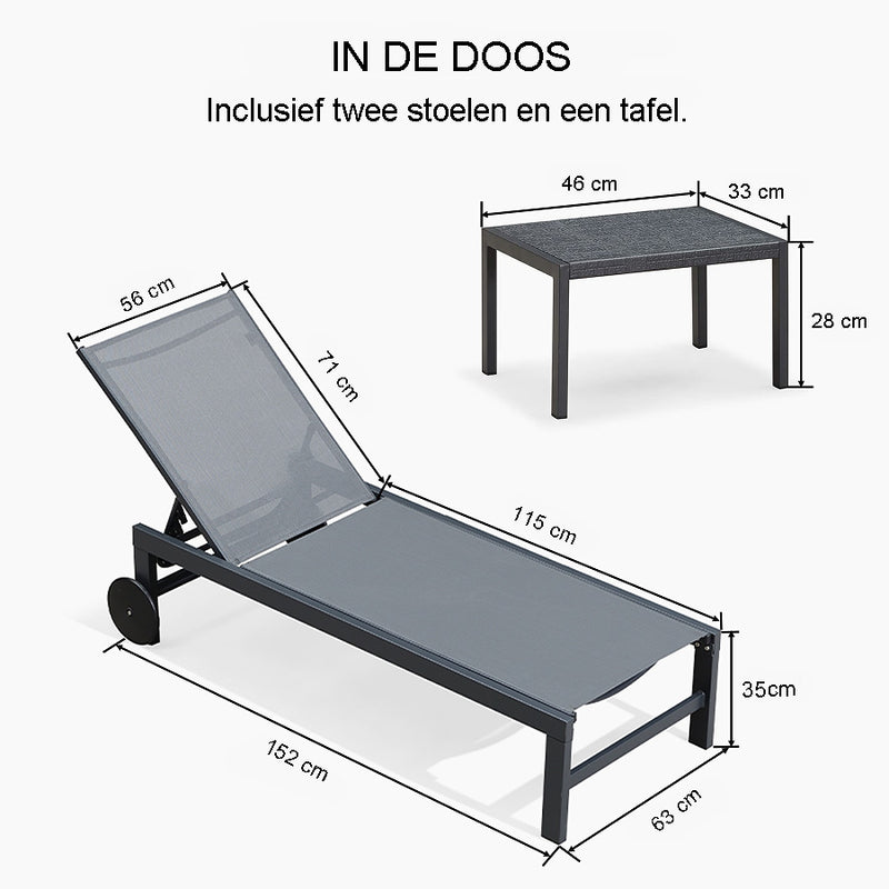 PURPLE LEAF Set Van 3 Opvouwbare Ligstoelen Van Aluminiumtextiel, Tuinstoelen Met Wielen, Verstelbare Ligstoelen, Mobiele Buitenzwembadligstoelen, Weerbestendig, Draagvermogen tot 150 kg