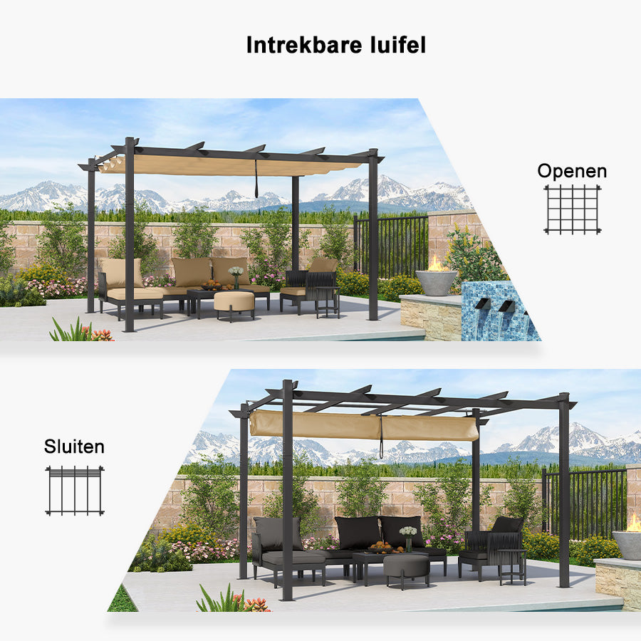 PURPLE LEAF Intrekbare aluminium buitenpergola met zonnescherm luifel, patio, achtertuin schuilplaats, metalen barbecue paviljoen-PRG