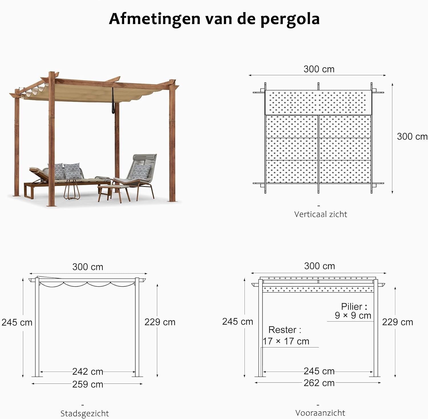PURPLE LEAF Aluminium Pergola Tuinpergola Teak Afwerking, Intrekbaar Schuifscherm, Waterdicht Prieel, Barbecue Buiten, Tuinpaviljoen