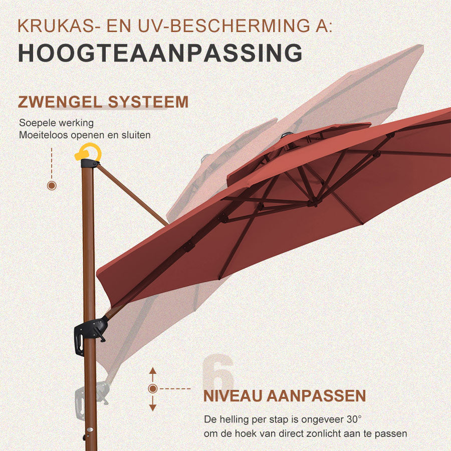 PURPLE LEAF Dubbele Top 330cm/365cm Ronde Aluminium Terrasparasol In Houtkleur