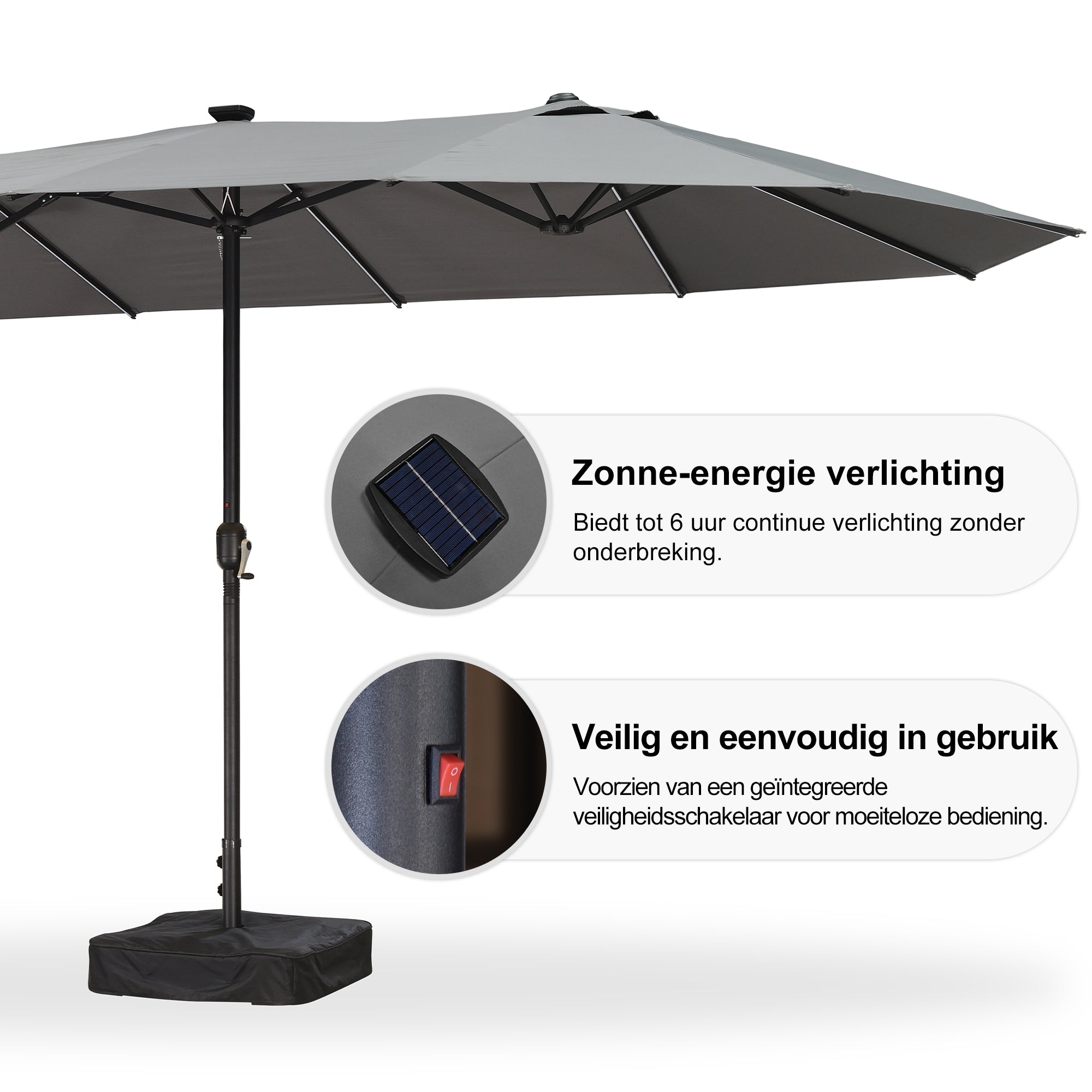 PURPLE LEAF Grote Parasol met 3 Kappen en LED-verlichting voor Tuin en Terras, inclusief Voet