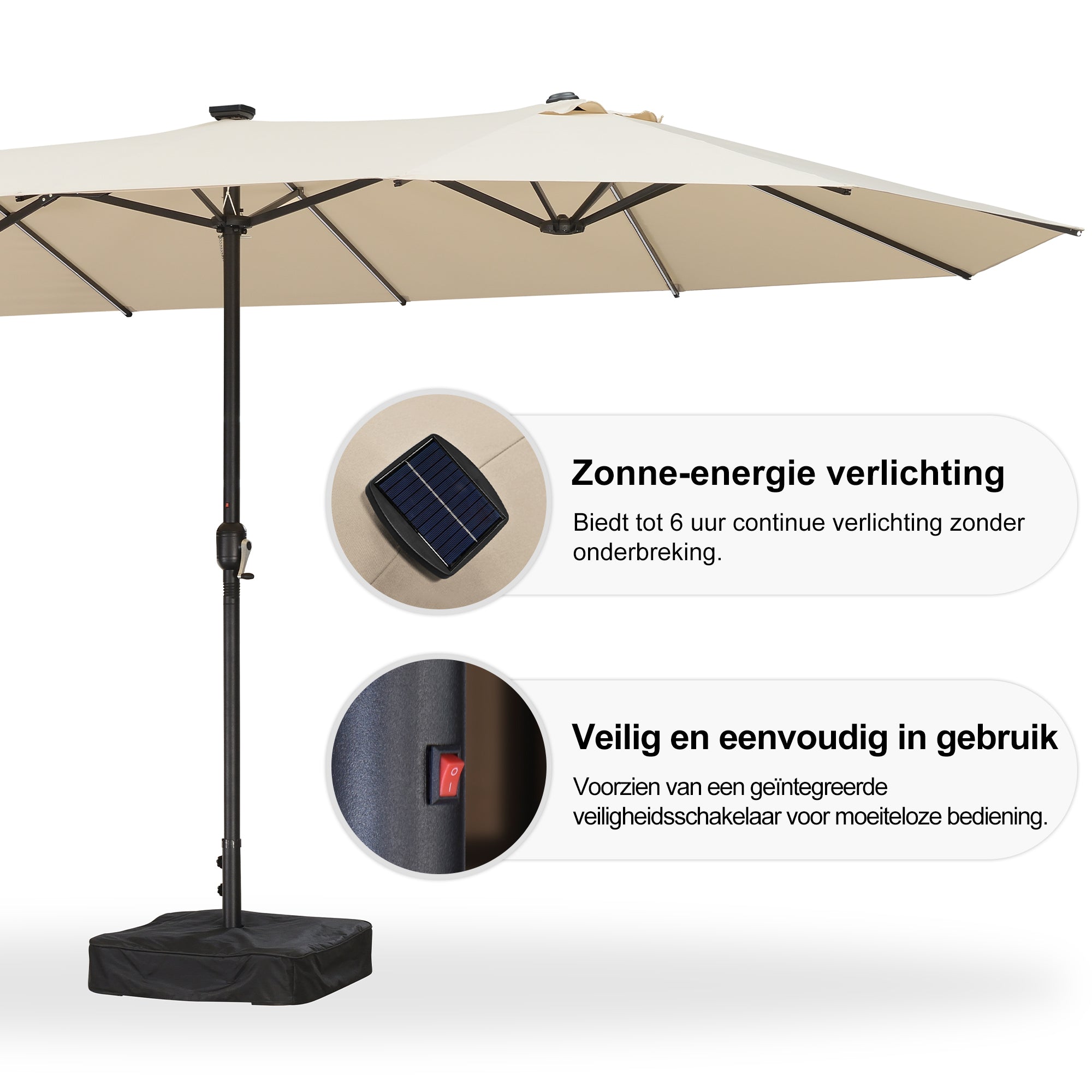 PURPLE LEAF Grote Parasol met 3 Kappen en LED-verlichting voor Tuin en Terras, inclusief Voet