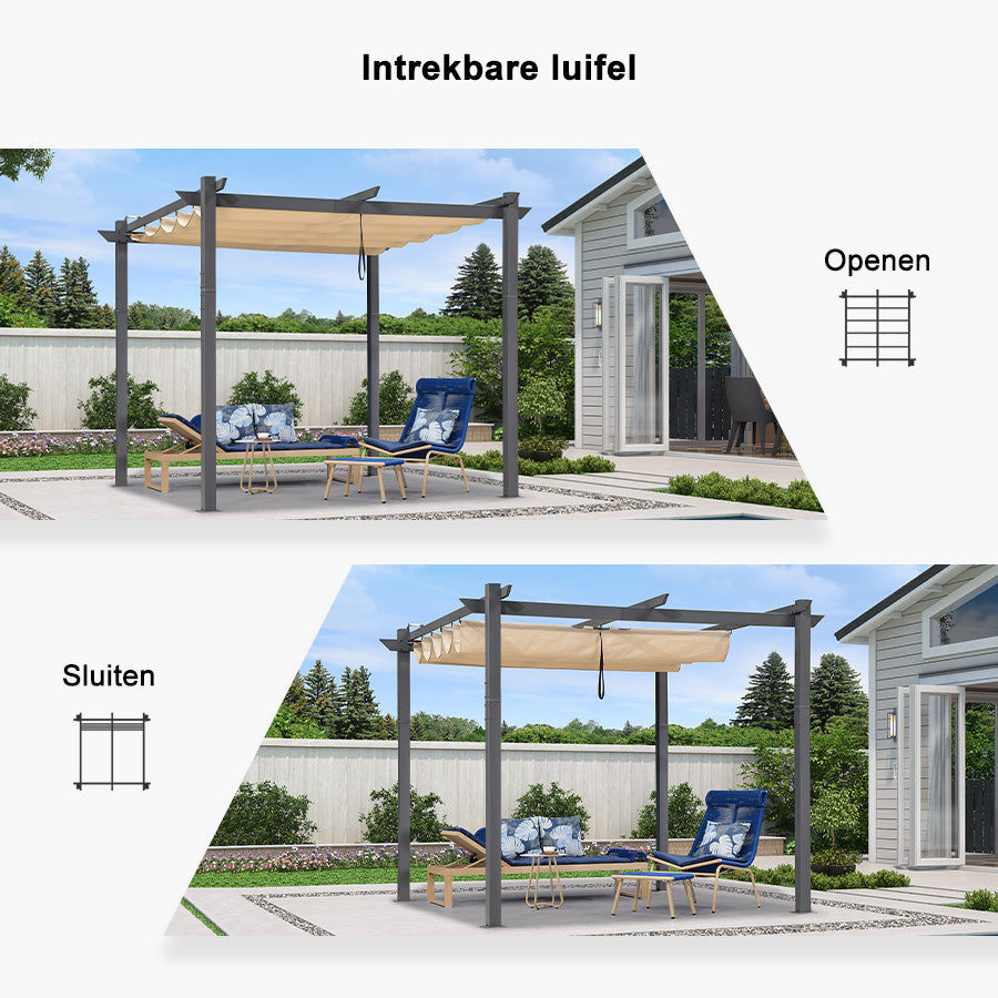 PURPLE LEAF Intrekbare aluminium buitenpergola met zonnescherm luifel, patio, achtertuin schuilplaats, metalen barbecue paviljoen-PRG