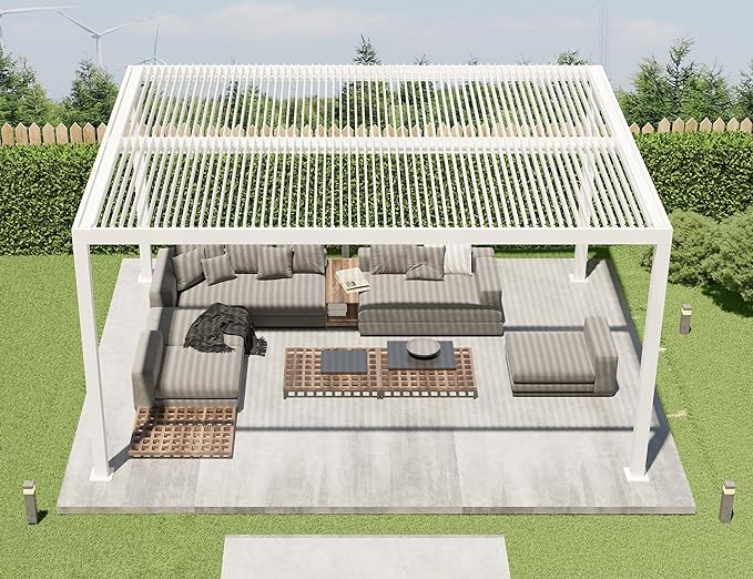 PURPLE LEAF Outdoor Louvered Pergola Aluminium Wit Pergola Patio Metal pergola met verstelbare Rainproof Hardtop Gazebo Modern voor Tuin Gazons Party