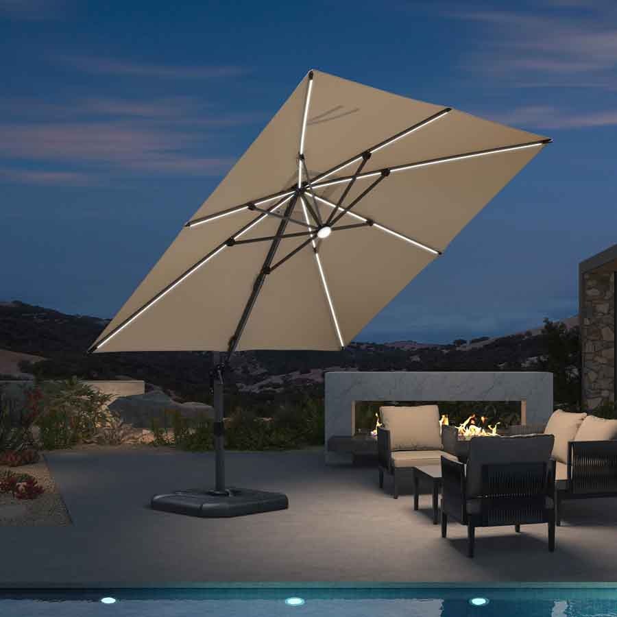 PURPLE LEAF Parasol LED Zweefparasol Vierkant 300x300 cm, Kantelbaar en 360° Draaibaar voor Terras en Zwembad