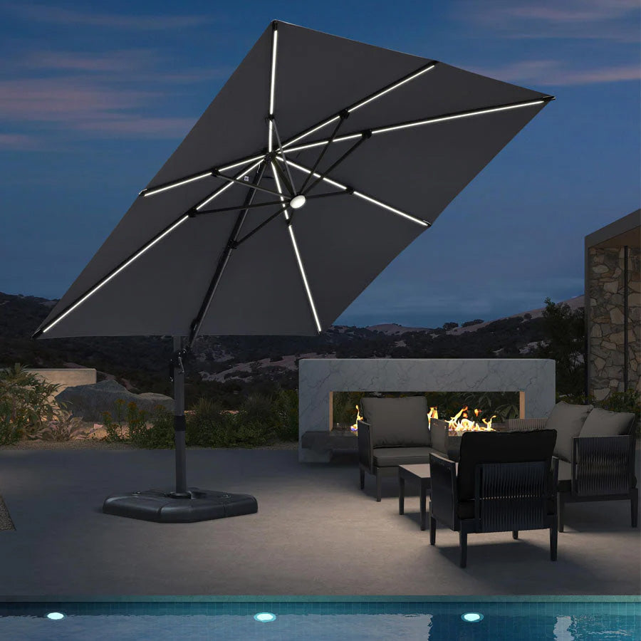 PURPLE LEAF Parasol LED Zweefparasol Vierkant 300x300 cm, Kantelbaar en 360° Draaibaar voor Terras en Zwembad