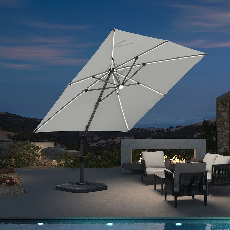 PURPLE LEAF Parasol LED Zweefparasol Vierkant 300x300 cm, Kantelbaar en 360° Draaibaar voor Terras en Zwembad