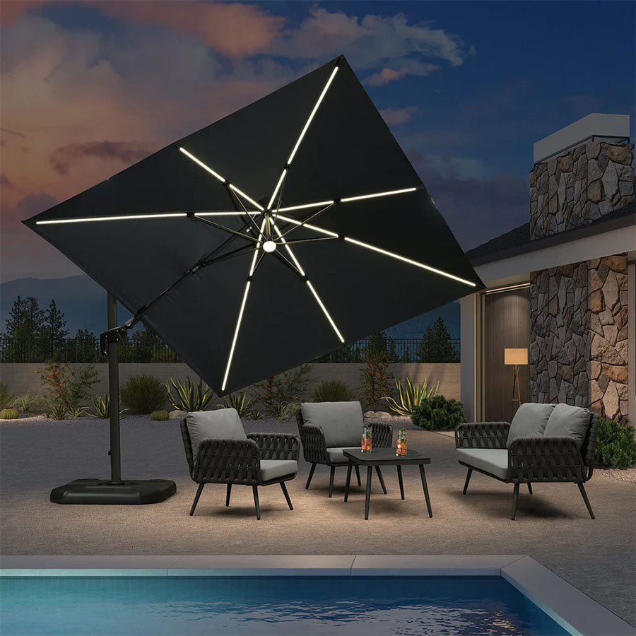 PURPLE LEAF Parasol LED Zweefparasol Vierkant 300x300 cm, Kantelbaar en 360° Draaibaar voor Terras en Zwembad