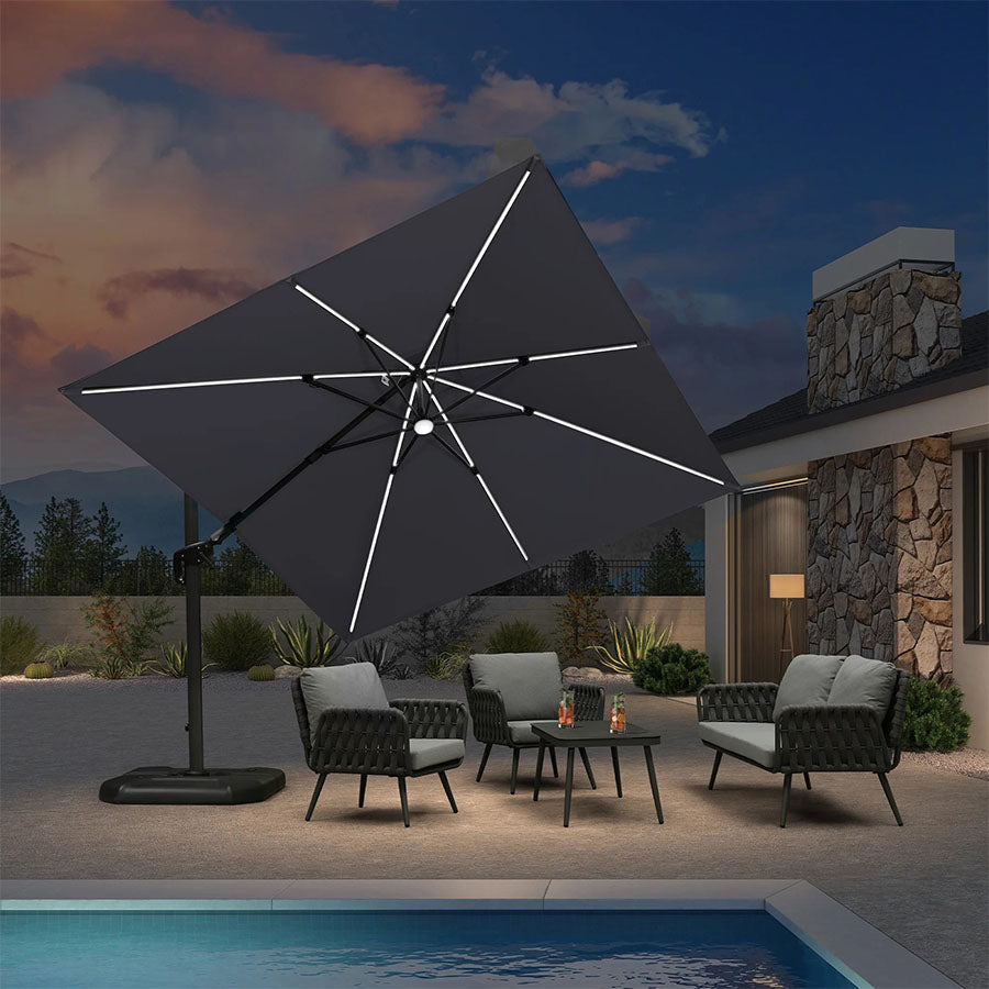 PURPLE LEAF Parasol LED Zweefparasol Vierkant 300x300 cm, Kantelbaar en 360° Draaibaar voor Terras en Zwembad