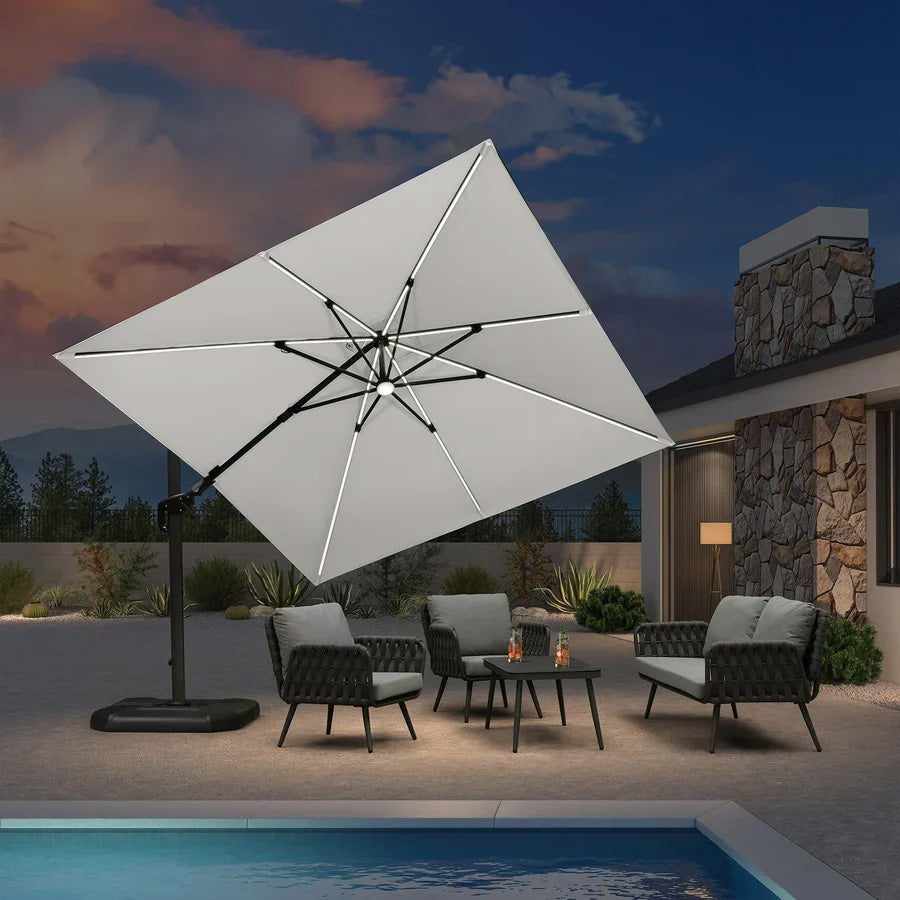 PURPLE LEAF Parasol LED Zweefparasol Vierkant 300x300 cm, Kantelbaar en 360° Draaibaar voor Terras en Zwembad