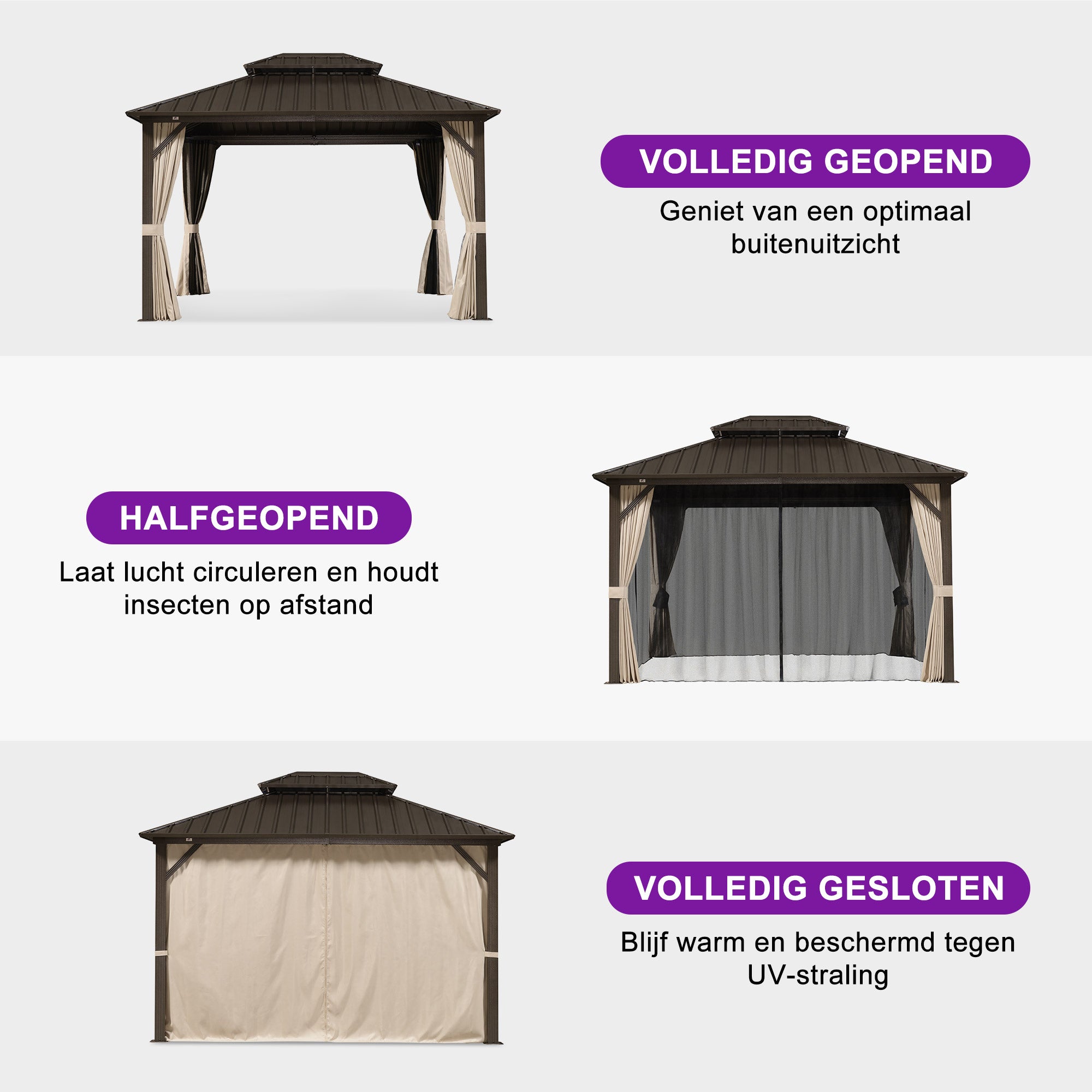 PURPLE LEAF Hardtop Tuinpaviljoen Essential met Neutraal witte LED-verlichting , Gegalvaniseerd Stalen Dak, Aluminium Frame, Gordijnen en Klamboe – Brons