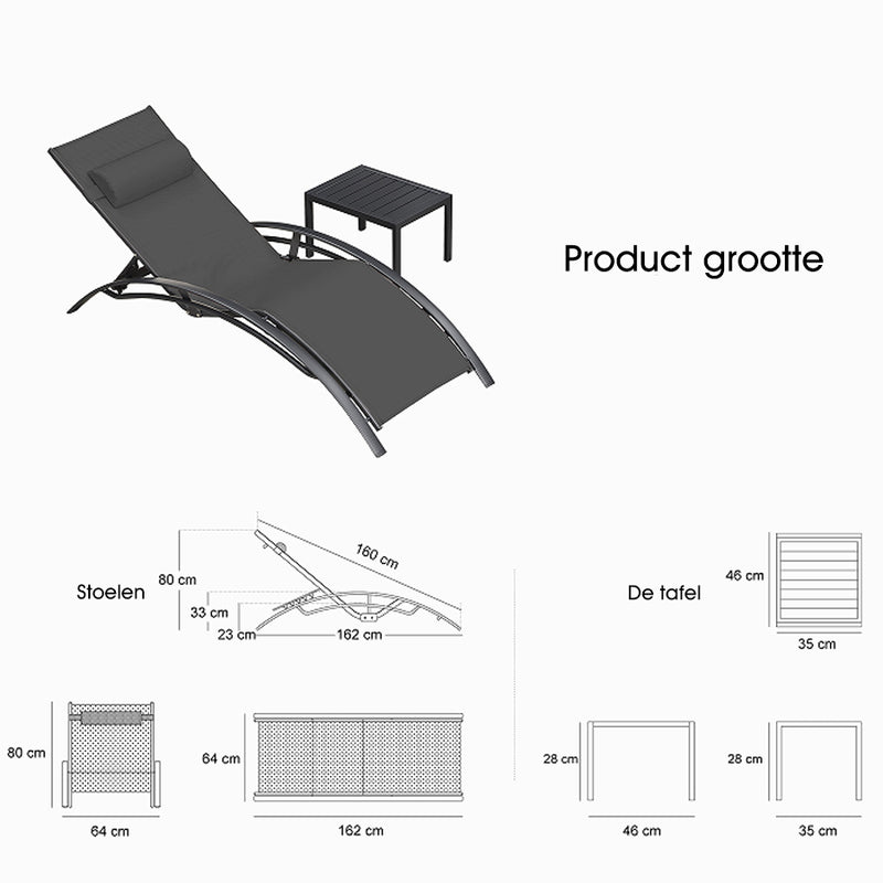 PURPLE LEAF Set Van 2 Ligstoelen, Aluminium Tuinligstoelen Met Bijzettafel en Kussens, Sneldrogend Ligbed Weerbestendig, Verstelbaar in 5 Standen, Stapelbaar.