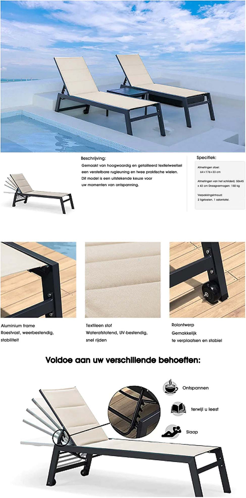 PURPLE LEAF Set van 2 opvouwbare aluminium ligstoelen, tuinligstoelen op wielen, verrijdbare ligstoelen, saunaligstoelen, verstelbaar, weerbestendig, draagvermogen tot 150 kg
