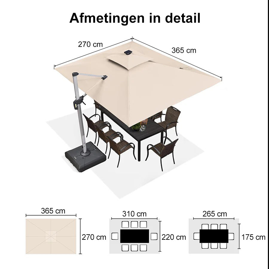 PURPLE LEAF Rechthoekige Dubbele Tuinparasol van Aluminium met LED en Slinger voor Balkon en Tuin