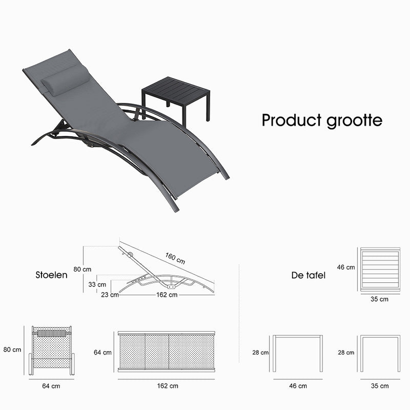 PURPLE LEAF Set Van 2 Ligstoelen, Aluminium Tuinligstoelen Met Bijzettafel en Kussens, Sneldrogend Ligbed Weerbestendig, Verstelbaar in 5 Standen, Stapelbaar.