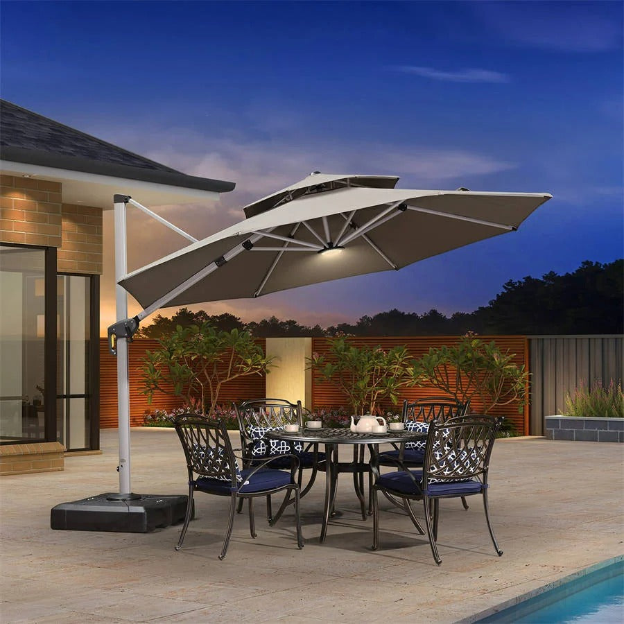 PURPLE LEAF LED Parasolverlichting met 4 Lichtstanden en 12 Kleuren, Oplaadbaar via USB of Batterijen, voor Terras, Strand, Camping en Feestjes