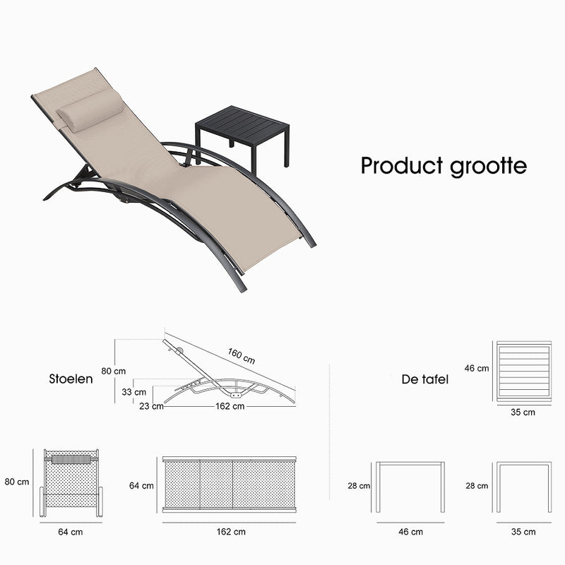 PURPLE LEAF Set Van 2 Ligstoelen, Aluminium Tuinligstoelen Met Bijzettafel en Kussens, Sneldrogend Ligbed Weerbestendig, Verstelbaar in 5 Standen, Stapelbaar.