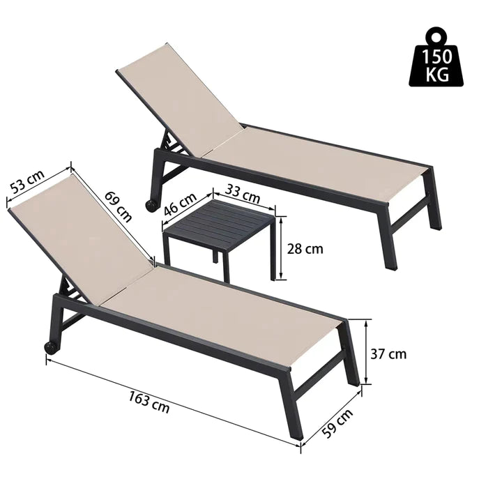 PURPLE LEAF Set Van 3 Tuinligstoelen Aluminium Textiel, Opvouwbare Ligstoel met Wielen, Tuinligstoel Weerbestendig, Terrasligstoelen Oprolbaar Ligbed Verstelbaar Tot 150 kg, Grijs