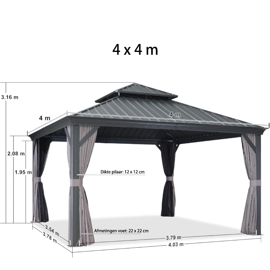 PURPLE LEAF Tuinpaviljoen Voor Achtertuin Grijs Hardtop Gegalvaniseerd Stalen Dak Luifel met Upgrade Gordijn