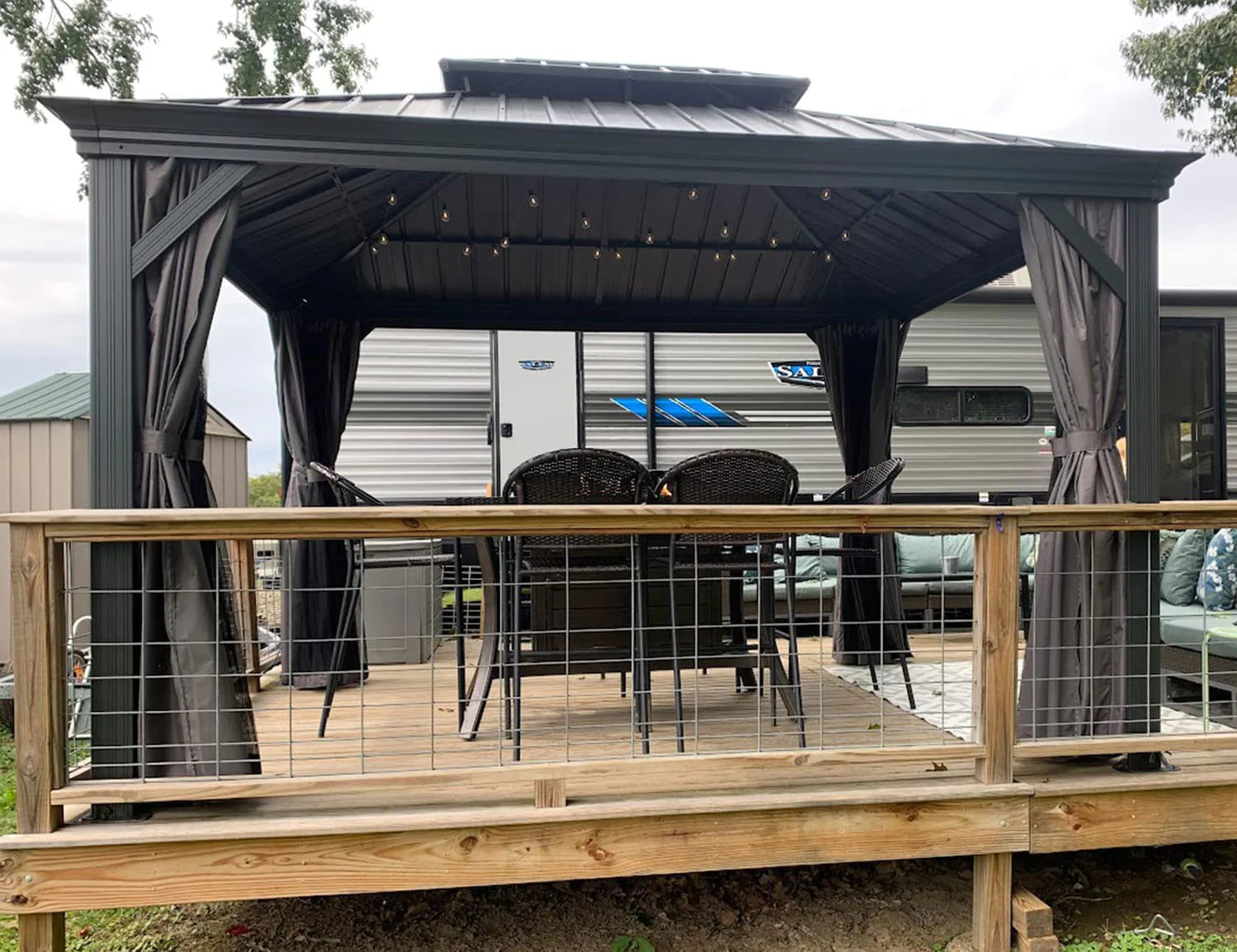 PURPLE LEAF Tuinpaviljoen Voor Achtertuin Grijs Hardtop Gegalvaniseerd Stalen Dak Luifel met Upgrade Gordijn