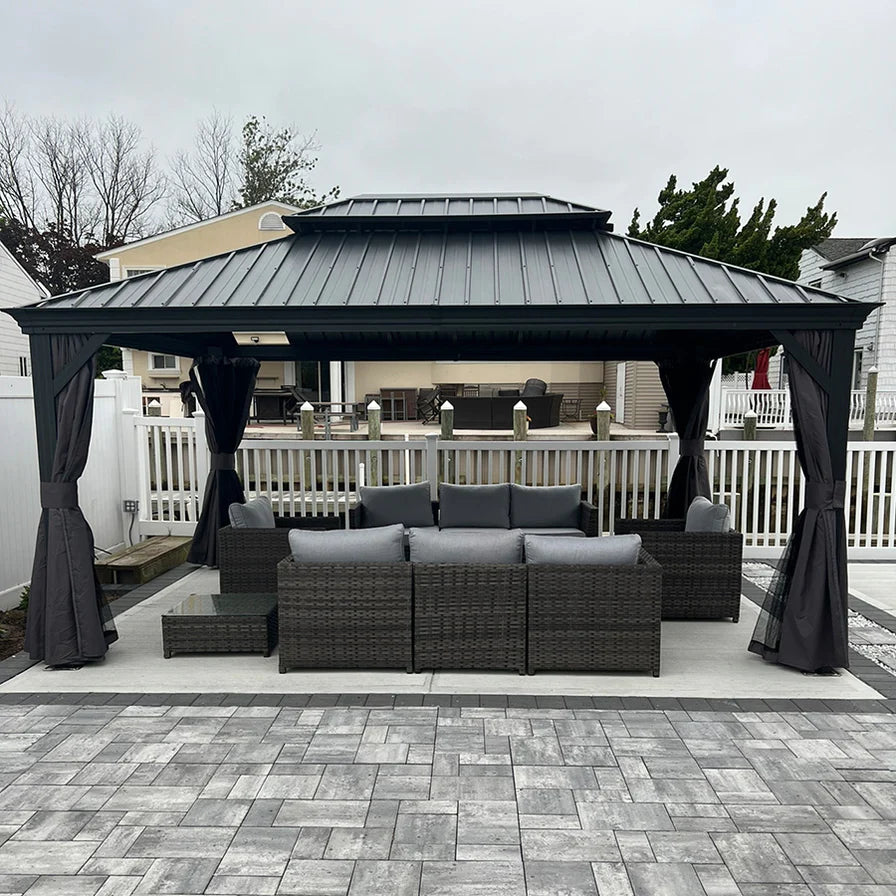 PURPLE LEAF Tuinpaviljoen Voor Achtertuin Grijs Hardtop Gegalvaniseerd Stalen Dak Luifel met Upgrade Gordijn