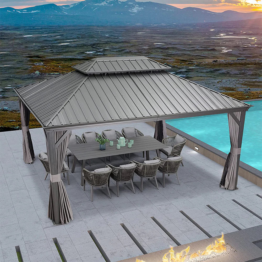 PURPLE LEAF Tuinpaviljoen Voor Achtertuin Grijs Hardtop Gegalvaniseerd Stalen Dak Luifel met Upgrade Gordijn