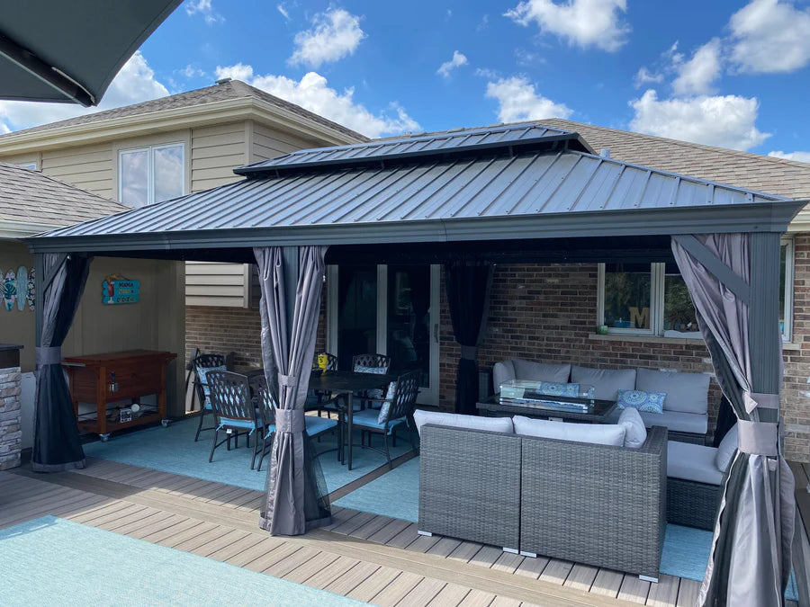 PURPLE LEAF Tuinpaviljoen Voor Achtertuin Grijs Hardtop Gegalvaniseerd Stalen Dak Luifel met Upgrade Gordijn