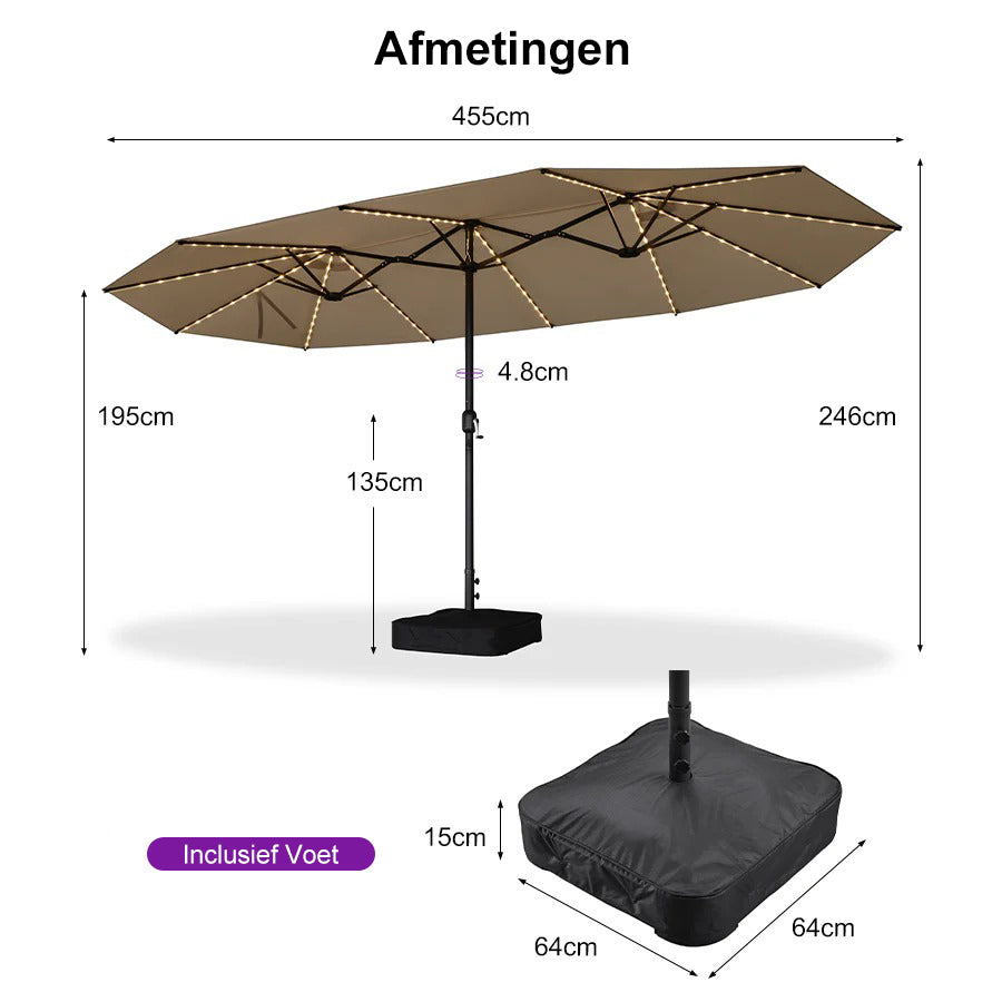 PURPLE LEAF Grote Parasol met 3 Kappen en LED-verlichting voor Tuin en Terras, inclusief Voet