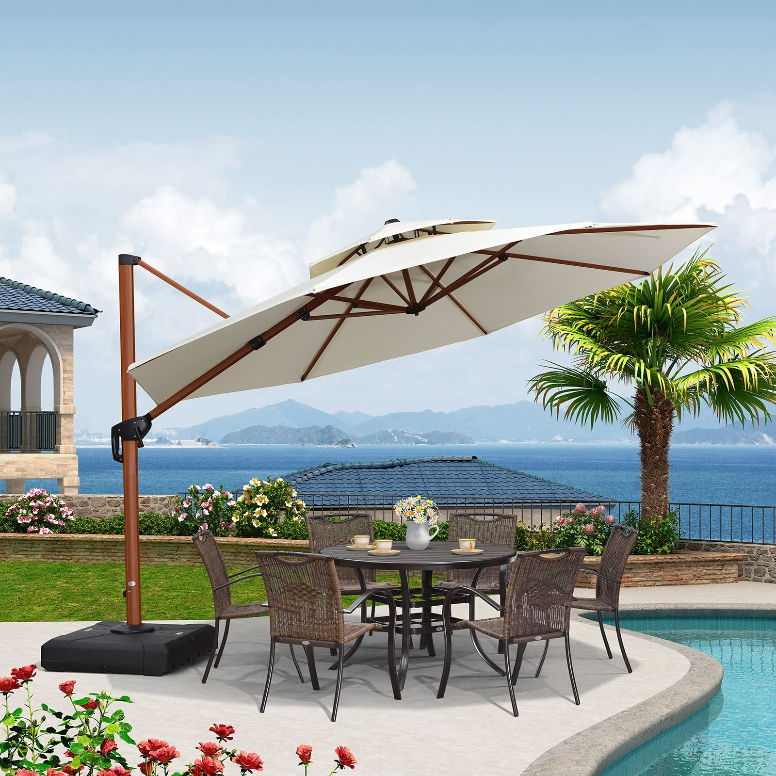 PURPLE LEAF Dubbele Top 330cm/365cm Ronde Aluminium Terrasparasol In Houtkleur