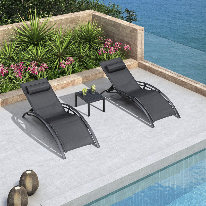 PURPLE LEAF Set van 2 zonnebedden chaise longue met tafel en hoofdkussen, 4-voudig verstelbaar voor terras, gazon, tuin, zwembad, zwart