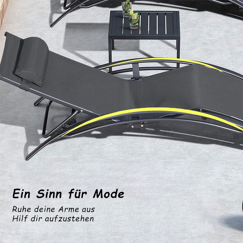 PURPLE LEAF Set van 2 zonnebedden chaise longue met tafel en hoofdkussen, 4-voudig verstelbaar voor terras, gazon, tuin, zwembad, zwart